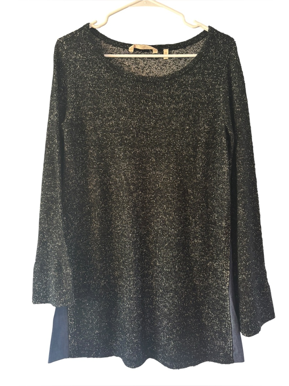 Soft Surroundings Black‎ Sparkle Knit Denim Trim Side Split Sweater Size S